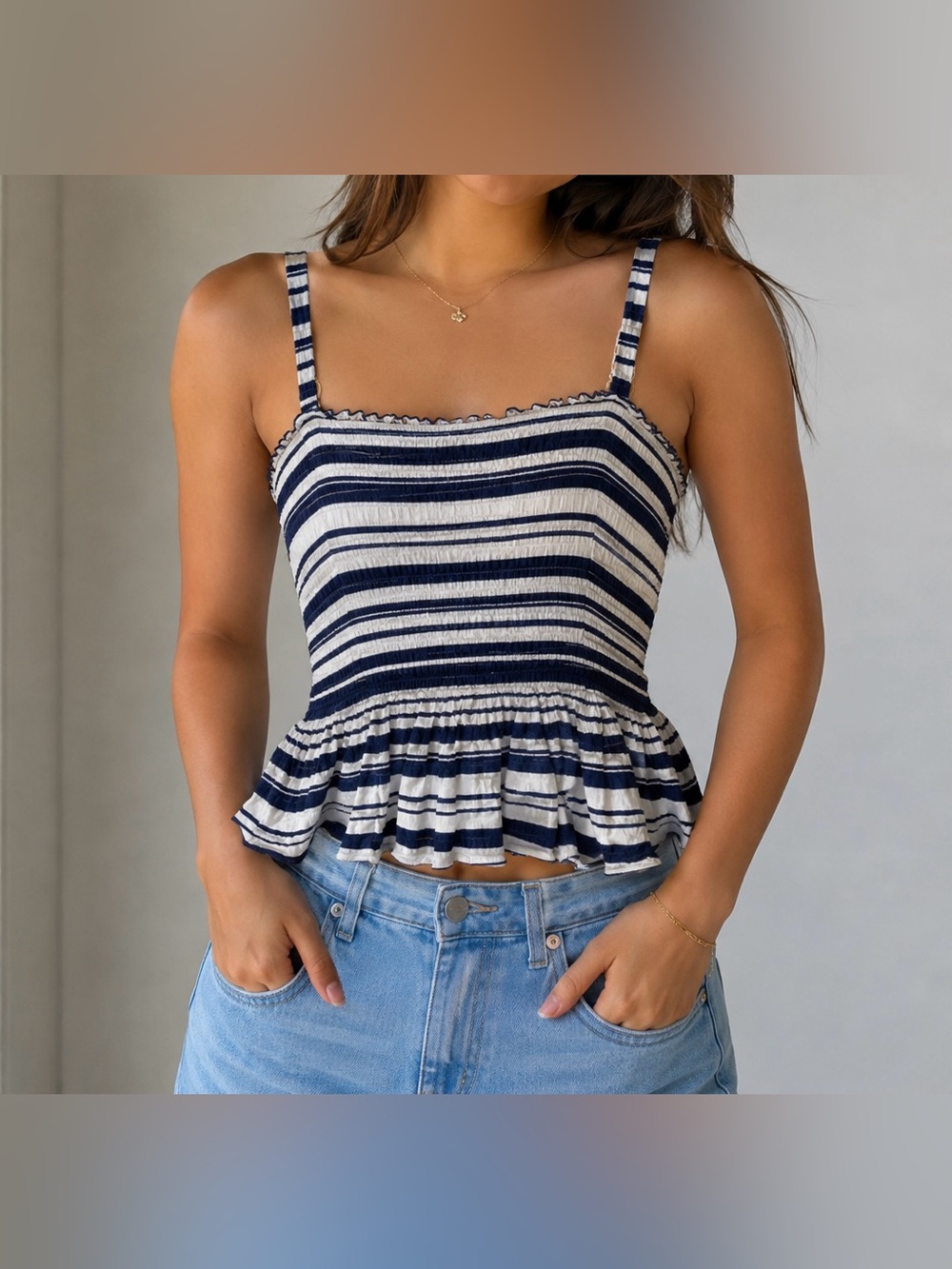 Jolt Navy White Striped Peplum Cami Flowy Tank Top Size M